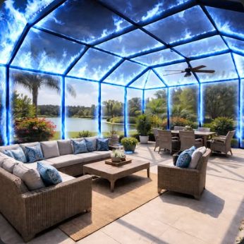 Pool enclosure lit with blue LED lighting at dusk, wicker seating on the deck and a lake beyond