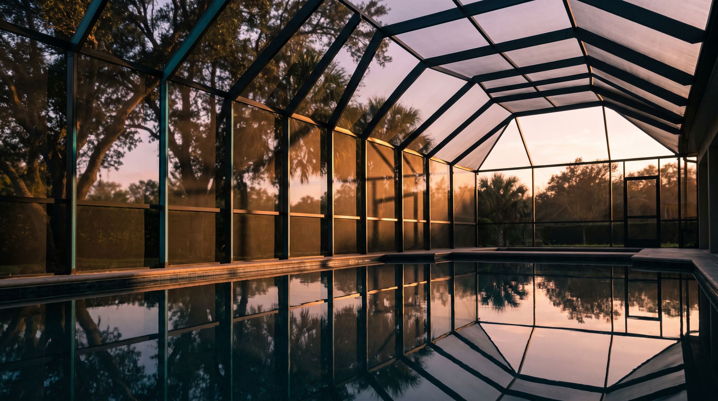 Gable-roofed aluminium pool enclosure at sunset, individually screened bays reflected in still pool water